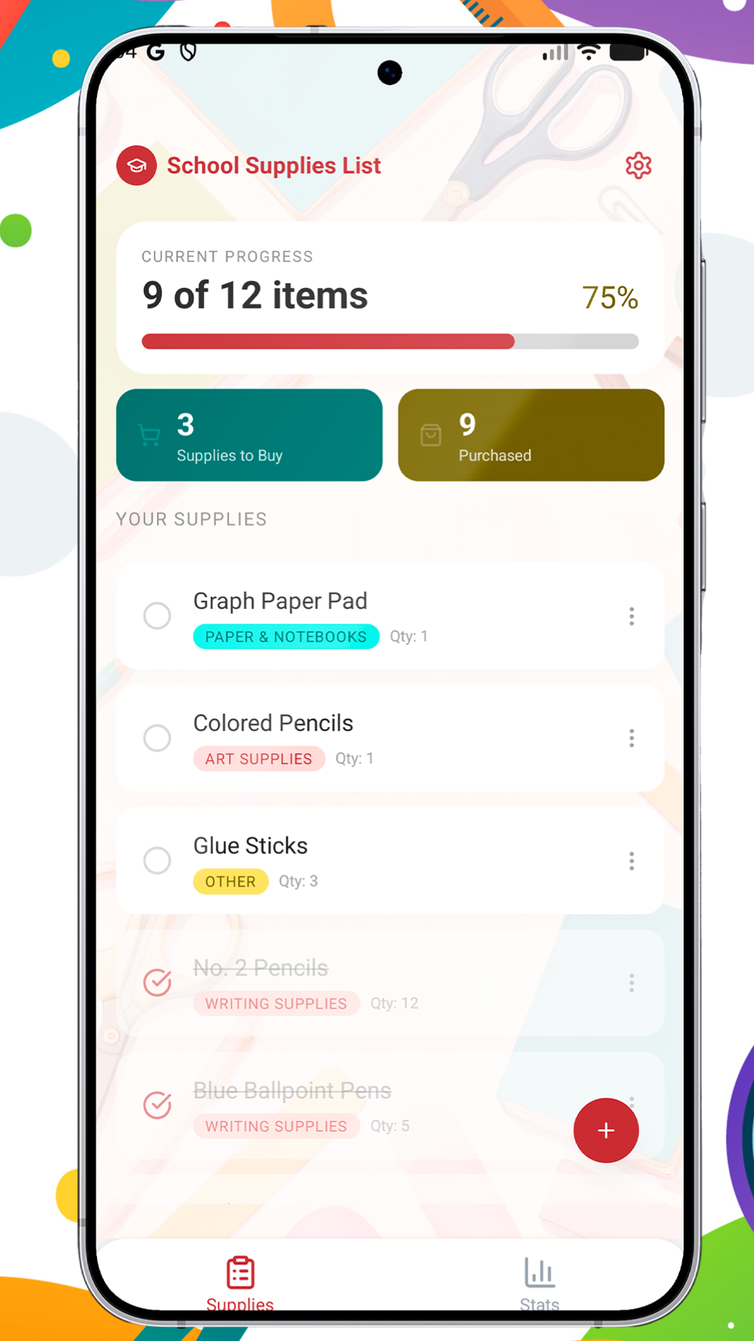 School Supplies List checklist screen