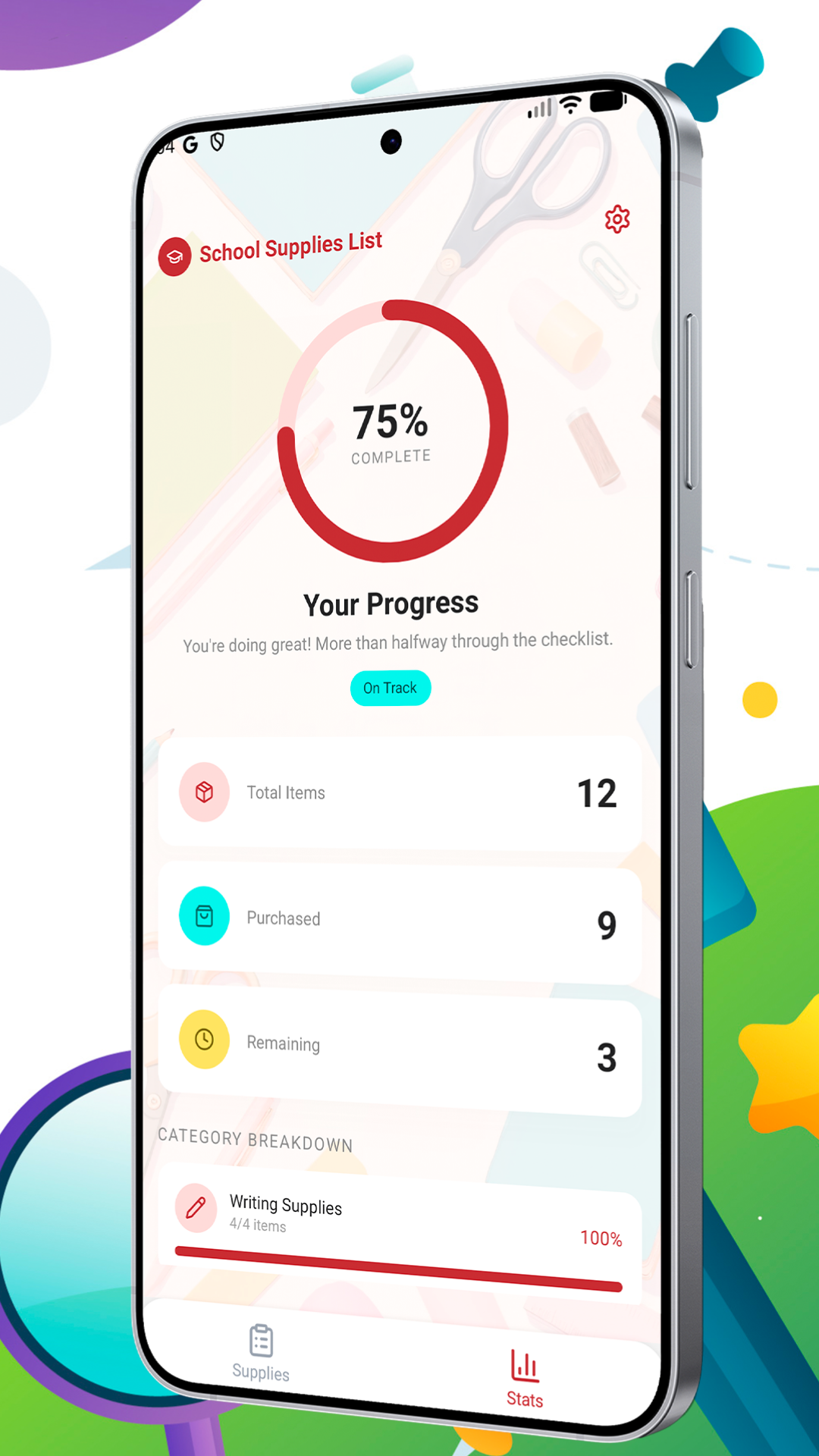 School Supplies List progress screen